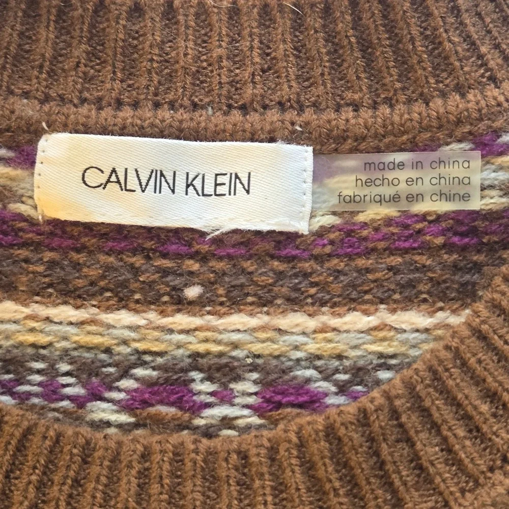 Calvin Klein Fair Isle Long Sleeve‎ Crew Neck Sweater Women's M Brown EUC